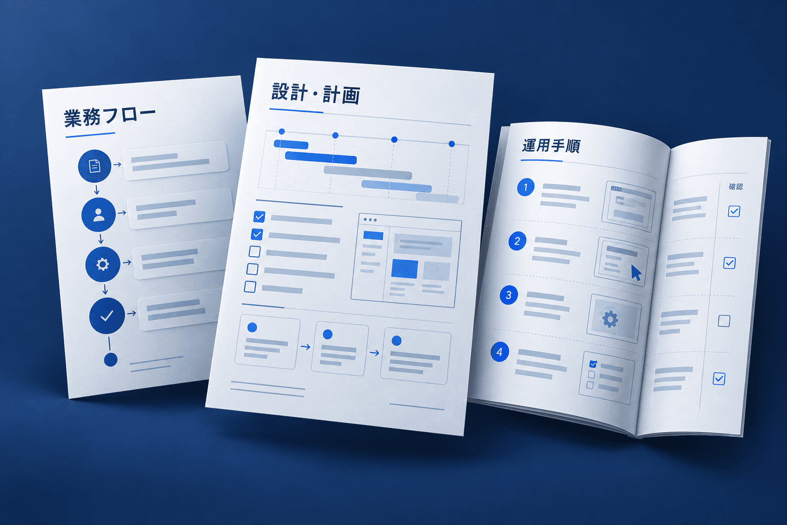 業務フロー、設計・計画、運用手順をまとめた成果物のイメージ